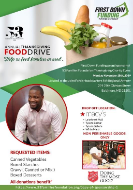 First Down Funding Sponsors 53 Families Foundation Thanksgiving Charity Drive, Hosted by Super Bowl Champion & Baltimore Raven Jameel McClain